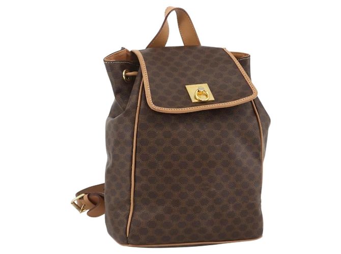 Céline CELINE Macadam Canvas Backpack PVC Leather Brown Gold Auth BAZ796A Golden