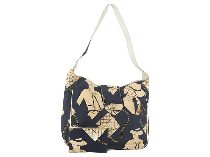 Borsa a Spalla CHANEL in Tela Blu Navy Oro CC Auth ARZ138 D'oro
