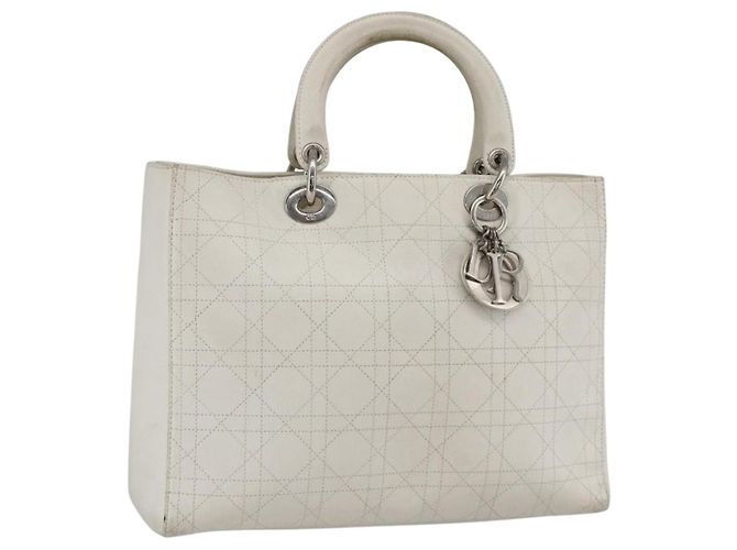 Christian Dior Borsa a mano Lady Dior Canage in pelle bianca e argento Auth YKZ152 Bianco