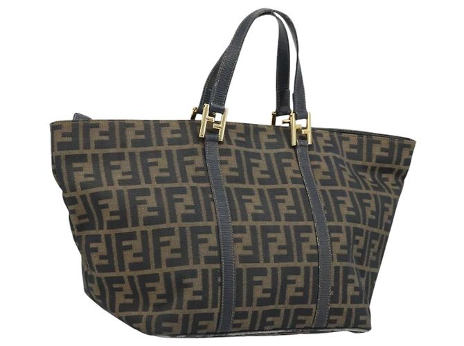 Sac à main en toile Zucca FENDI noir marron or Auth YKZ069 Doré