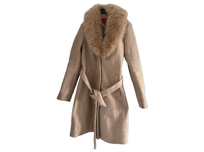 Guess Beige Polyester Coat with Removable Fur