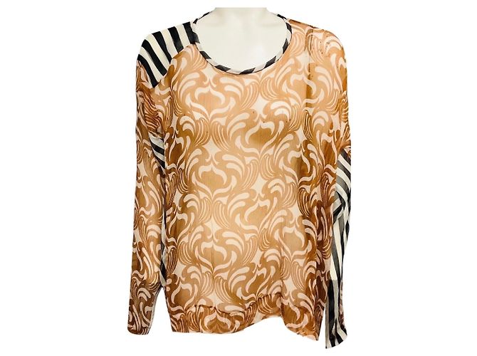 Dries van Noten Tan / Ivory / Black Mixed Pattern Print Sheer Silk Chiffon Blouse Multiple colors
