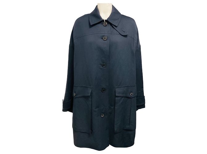 Cappotto oversize in lino e cotone con tasche cargo blu navy di Dries van Noten