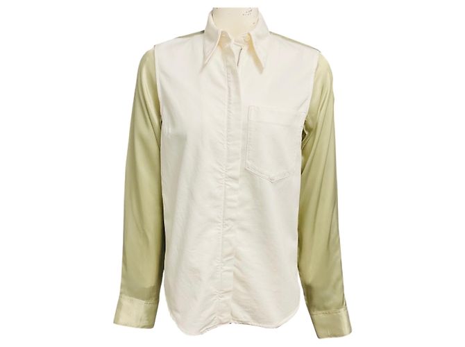 Camicia in denim e satin di cotone bianca / verde salvia di Dries van Noten Multicolore