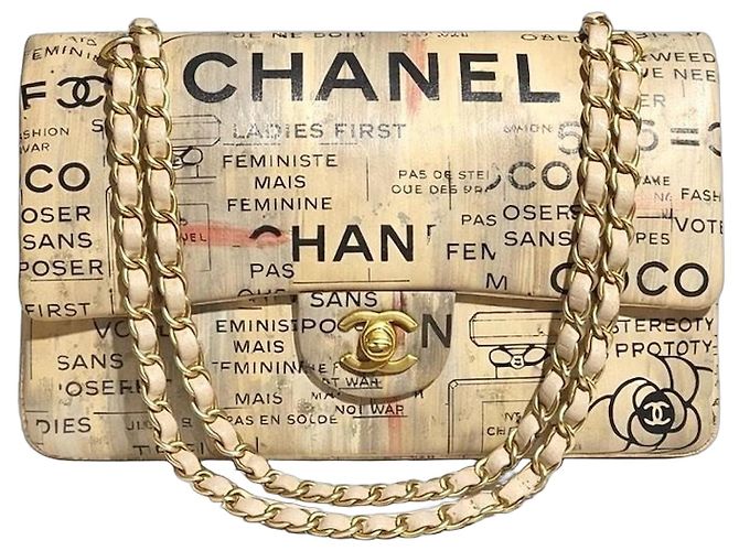 CHANEL 15S GRAFFITI SAC CLASSIQUE MOYEN DOUBLE PLIAGE Noir Blanc Beige Doré Métallisé Gris anthracite