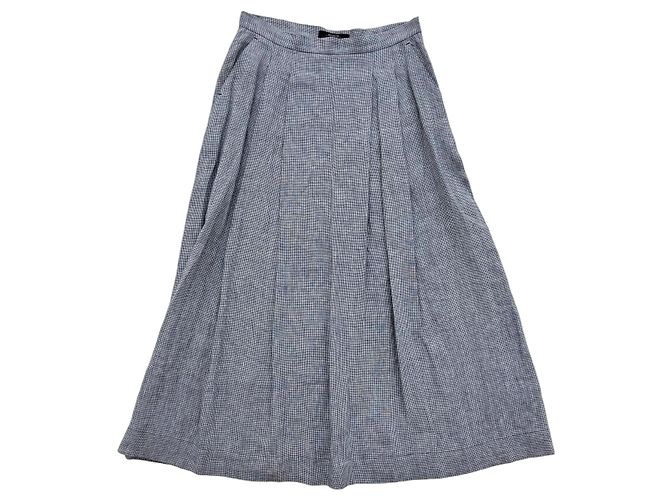 Max Mara Blue Linen Micro Houndstooth Long Skirt