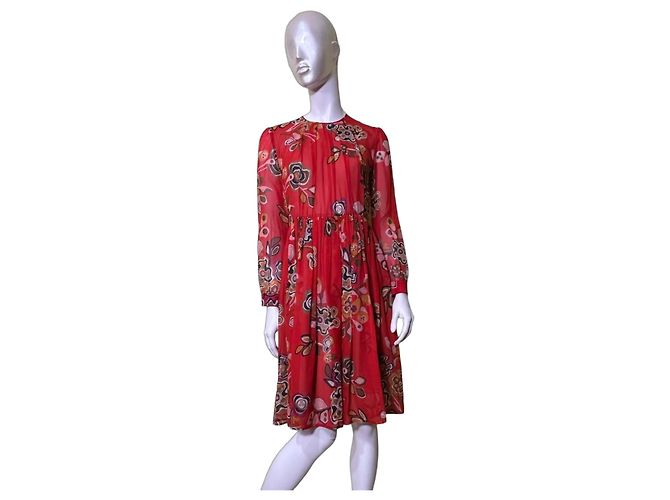 Msgm Midi Seidenkleid mit Blumenmuster Rot Bunt Mehrfarben