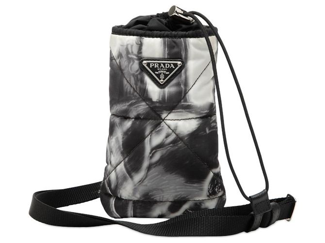 Prada Triangle Logo Plate Re-Nylon Neck Strap Smartphone Case Holder Black White