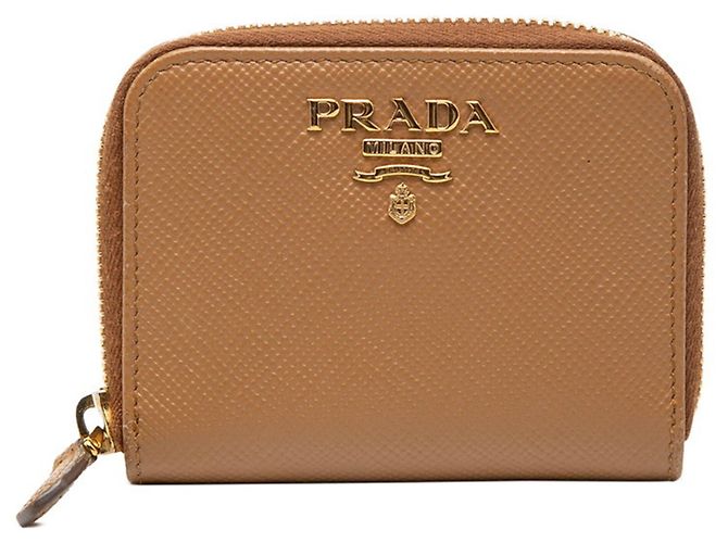 Prada Logo-Münzgeldbörse aus karamellbraunem Saffiano-Leder