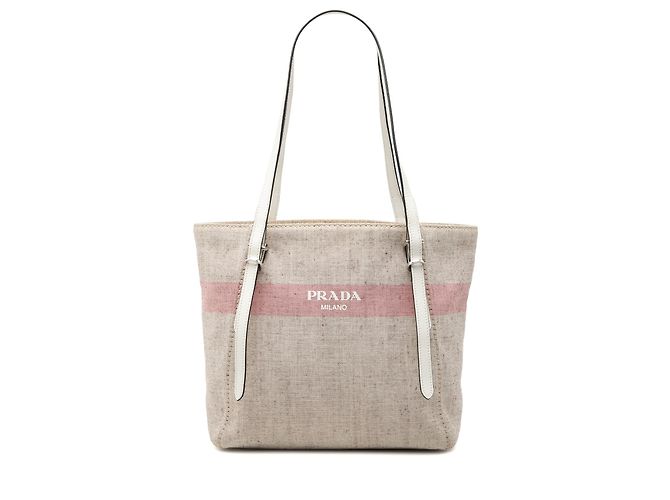 Borsa tote in tela beige con strisce e logo Prada