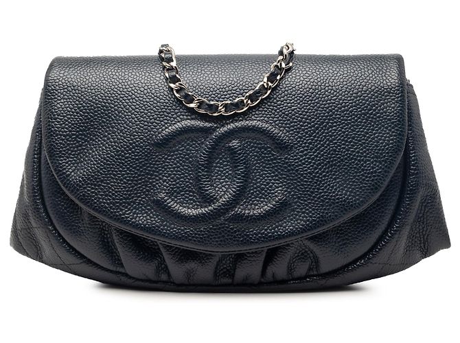 Wallet On Chain Carteira meia-lua em caviar azul CC da Chanel com corrente Azul marinho