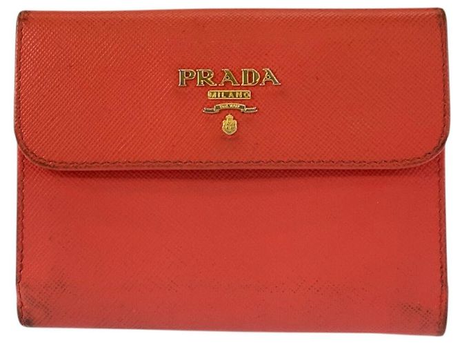 Prada Leather Logo Orange Gold Hardware Compact Wallet