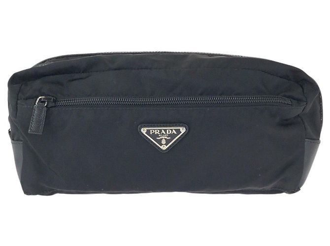 Prada Tessuto Saffiano Nylon Leder Clutch Schwarz