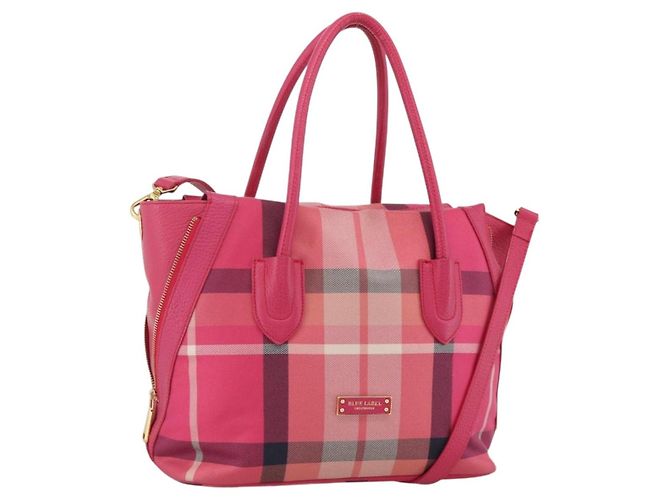 Autre Marque BOLSA DE CANVAS E COURO CB CHECK BLUE LABEL CRESTBRIDGE 2 EM 1 ROSA DOURADO Auth 174708A