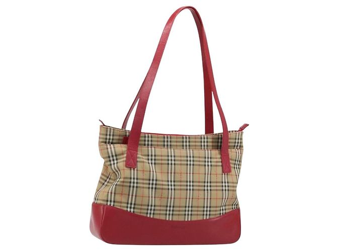 Bolsa Tote Burberrys Nova Check em lona bege e dourado Auth AMZ511