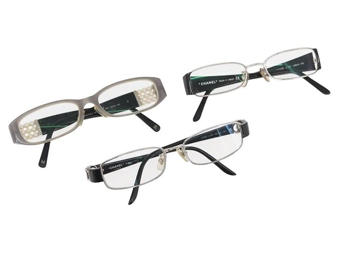 CHANEL Glasses plastic metal 3 Set Gray Black CC Auth bs34338 Brown