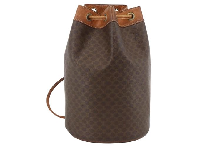 Céline Bolsa de ombro em lona Macadam CELINE em couro PVC marrom e dourado Auth BAZ797