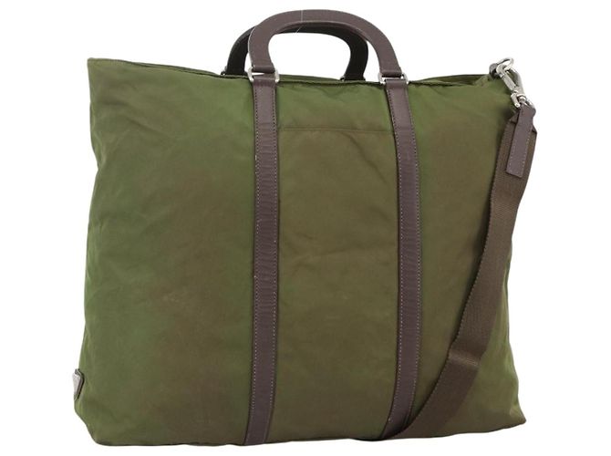 PRADA Hand Bag Nylon 2way Khaki Silver Auth mr2230 Silvery