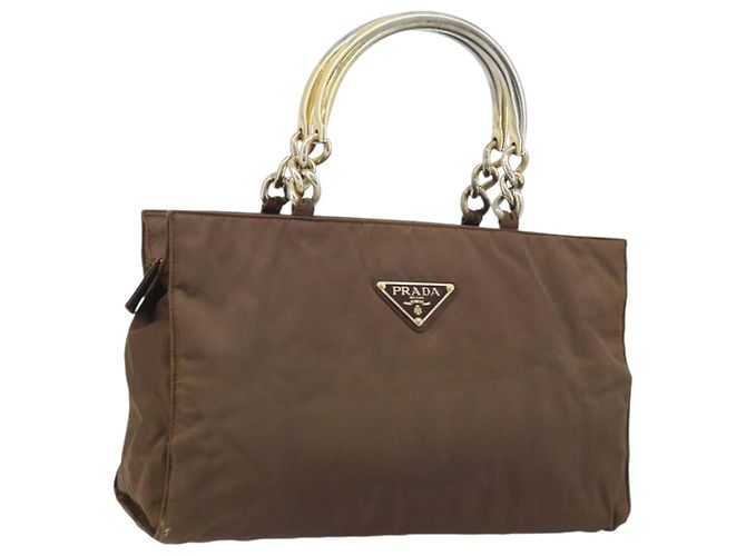 PRADA Bolsa de mão com corrente em nylon marrom dourado Auth YKZ136