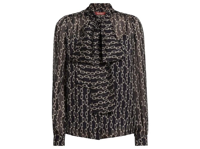Max Mara Silk Blouse Navy Blue Chain Pattern