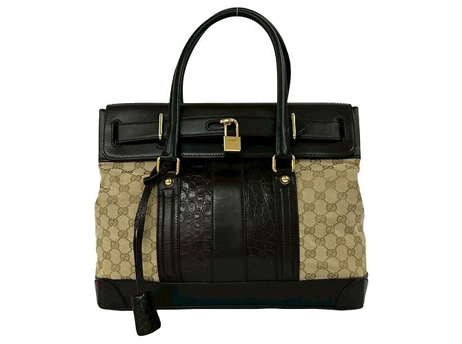 Bolsa tote em couro com estampa de crocodilo GG Canvas da Gucci Marrom Bege