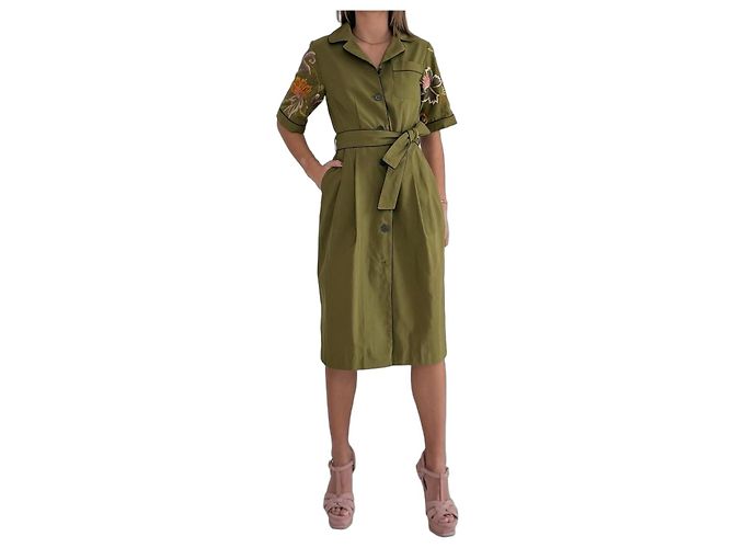 Robe chemise Dries Van Noten kaki brodée fleurs