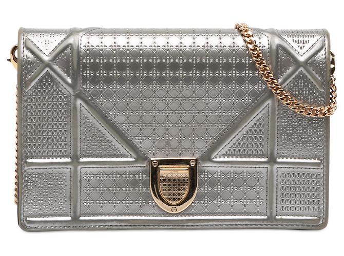 Dior Silver Metallic Patent Microcannage Diorama Wallet on Chain