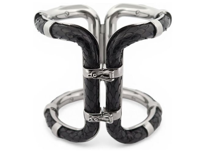 NEUF BRACELET LANVIN MANCHETTE 16CM CUIR PYTHON NOIR ACIER PALLADIE BANGLE