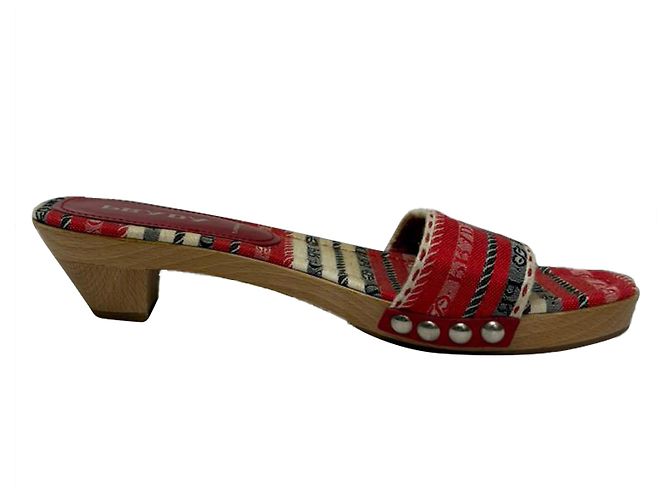 Prada Patterned Wooden Mule Sandals in Multicolor Cotton Multiple colors