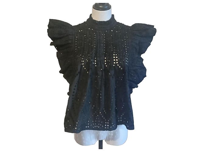 Top Ganni in cotone nero con ricamo inglese