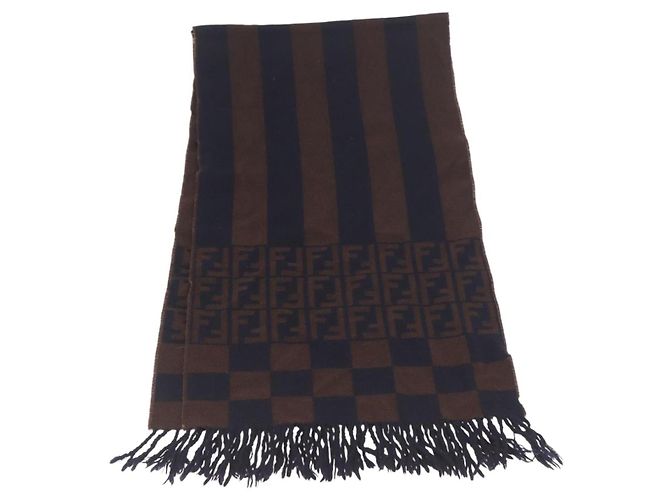 FENDI Sciarpa Zucca Lana Marrone Auth 174662 