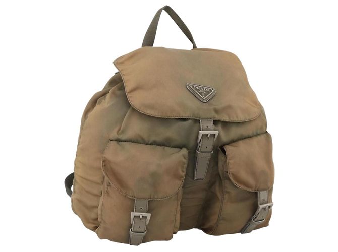 PRADA Backpack Nylon Khaki Silver Auth YKZ1086 Silvery