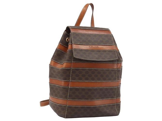 Céline CELINE Macadam Canvas Backpack PVC Leather Brown Gold Auth gh1897 Golden