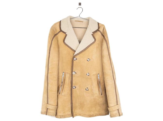 Prada AW05 Double Breasted Shearling Leather Pea Coat Beige