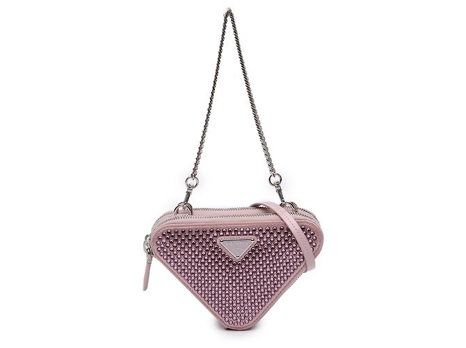 Pochete Triangular de Cetim e Couro com Cristais Rosa da Prada