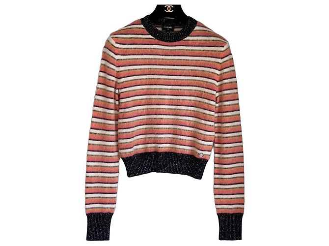 Pull en maille rayé Chanel Noir Rose Blanc Jaune