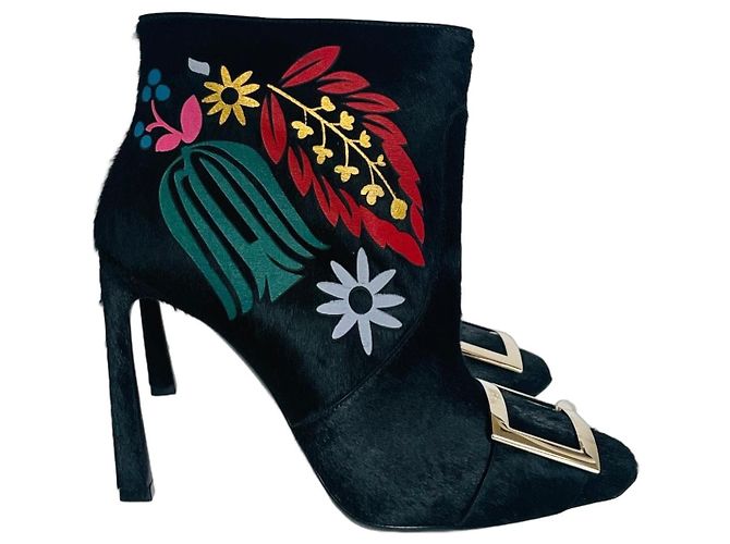 Roger Vivier Lederstiefeletten mit Blumenmuster schwarz Mehrfarben