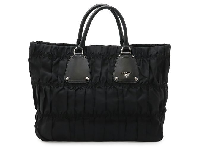 Bolsa Tote de Nylon e Couro Pregueado Prada Preto