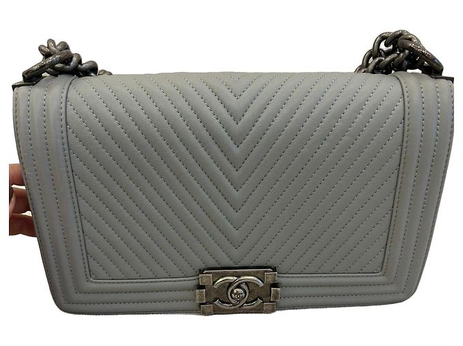 Chanel Boy Flap Bag Chevron Leather Grey
