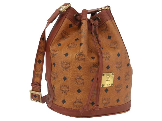 Bolsa de cordão Vicetos Logogram MCM em couro PVC marrom e dourado Auth AMZ492