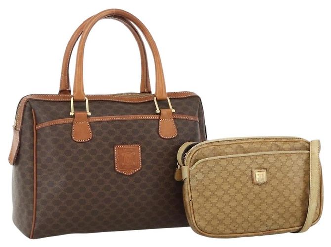 Céline CELINE Macadam Canvas Handtasche PVC 2 Set Braun Beige Auth ka3848