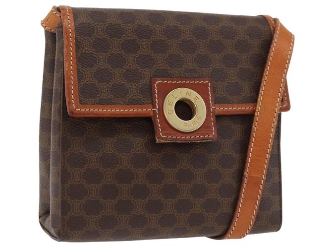 Céline Bolsa de ombro circular em lona Macadam CELINE em couro PVC marrom e dourado Auth BAZ798