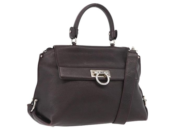 Salvatore Ferragamo Bolso Sofia Gancini de cuero 2 en 1 Burdeos Plata Auth ARZ841