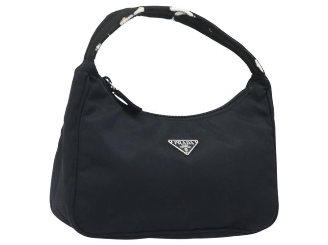 PRADA Bolsa Pouch de Nylon Negro Plata Auth YKZ309