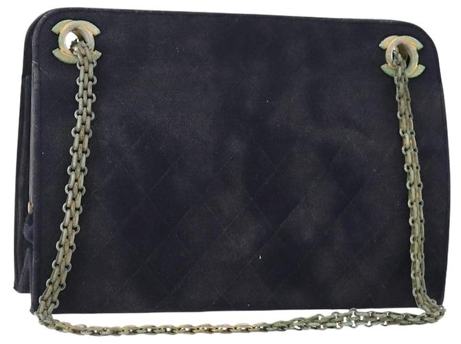 CHANEL Borsa a Mano Matelassé con Catena Cotone Blu Navy Oro CC Auth YKZ061 D'oro