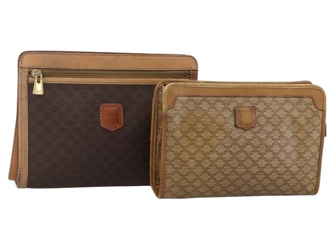 Céline CELINE Macadam Canvas Clutch Tasche PVC 2 Set Braun Beige Auth 174311