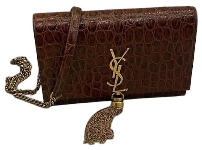 Yves Saint Laurent Saint Laurent Sac Kate Chain Cuir Embossé Crocodile Marron 