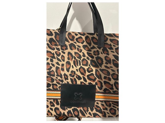 Autre Marque Codello - Leopard-Canvas- und Leder-Shopper Braun Schwarz Orange Leopardenprint 