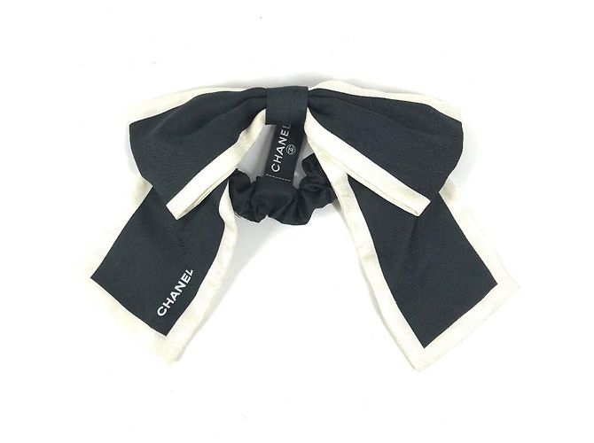 Chanel Vintage CC Coco Mark Seidenscrunchie Schwarz Weiß