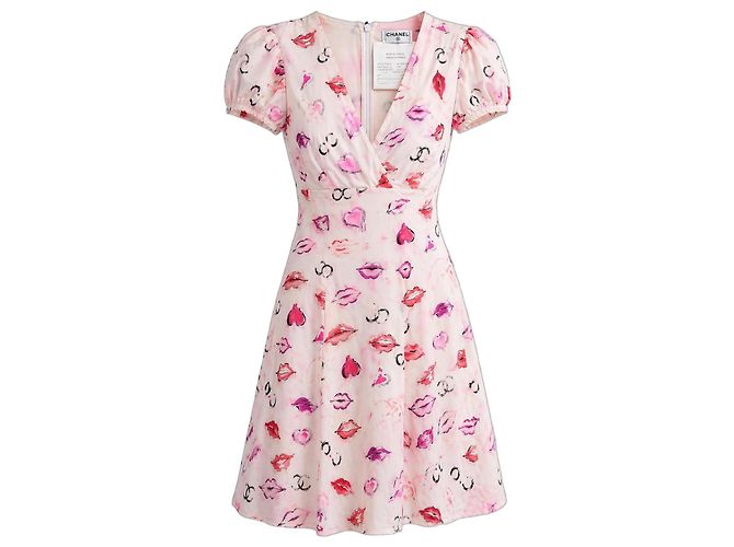Chanel Silk Dress Pink Lip and Signature Print Multiple colors